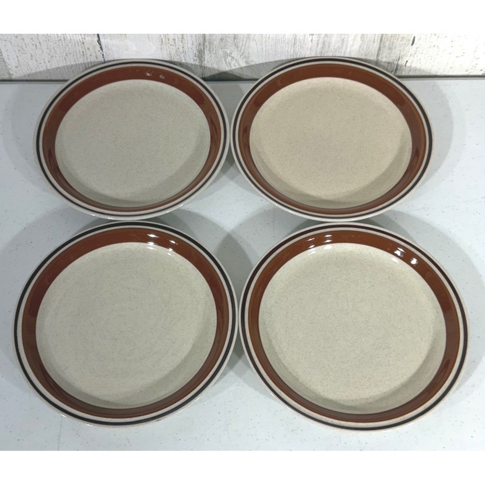 Contemporary Chateau Salad Plates 7.5 Beige Brown Banded Stoneware Set of 4 READ